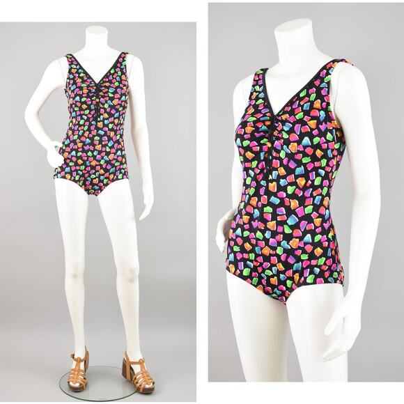 80s Maxine of Hollywood Black and Pink Retro Print Swimsuit - Picture 11 of 16